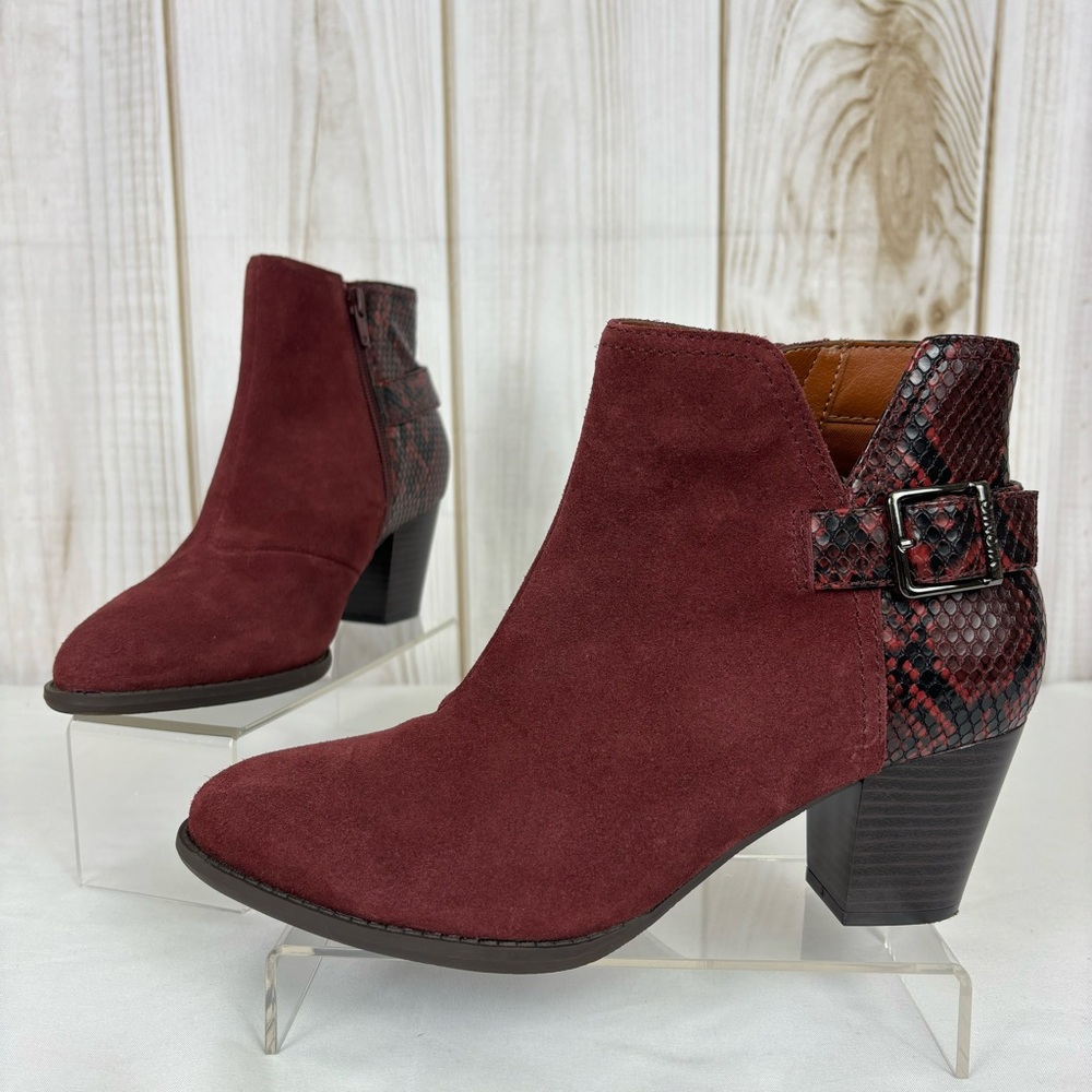 Vionic Snake Print Ankle Boots Suede Leather Block Heel Booties Wine Size 9